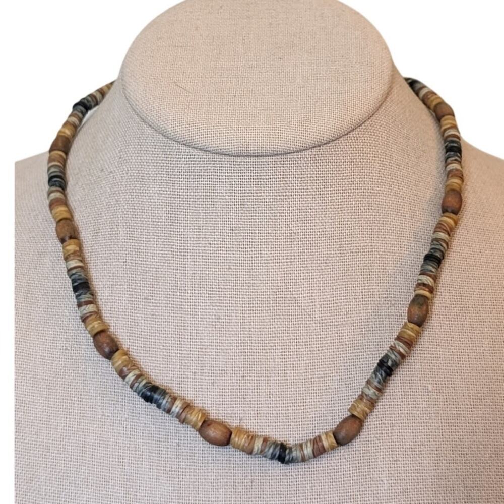 Neutral Gray Brown Tan Marbled Resin Heishi & Wood Bead 17.5" Necklace